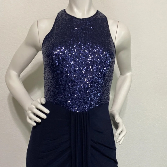 Cache Navy Blue High Neck Sleeveless Sequin Long Maxi Gown Dress Size 8 - Picture 2 of 11